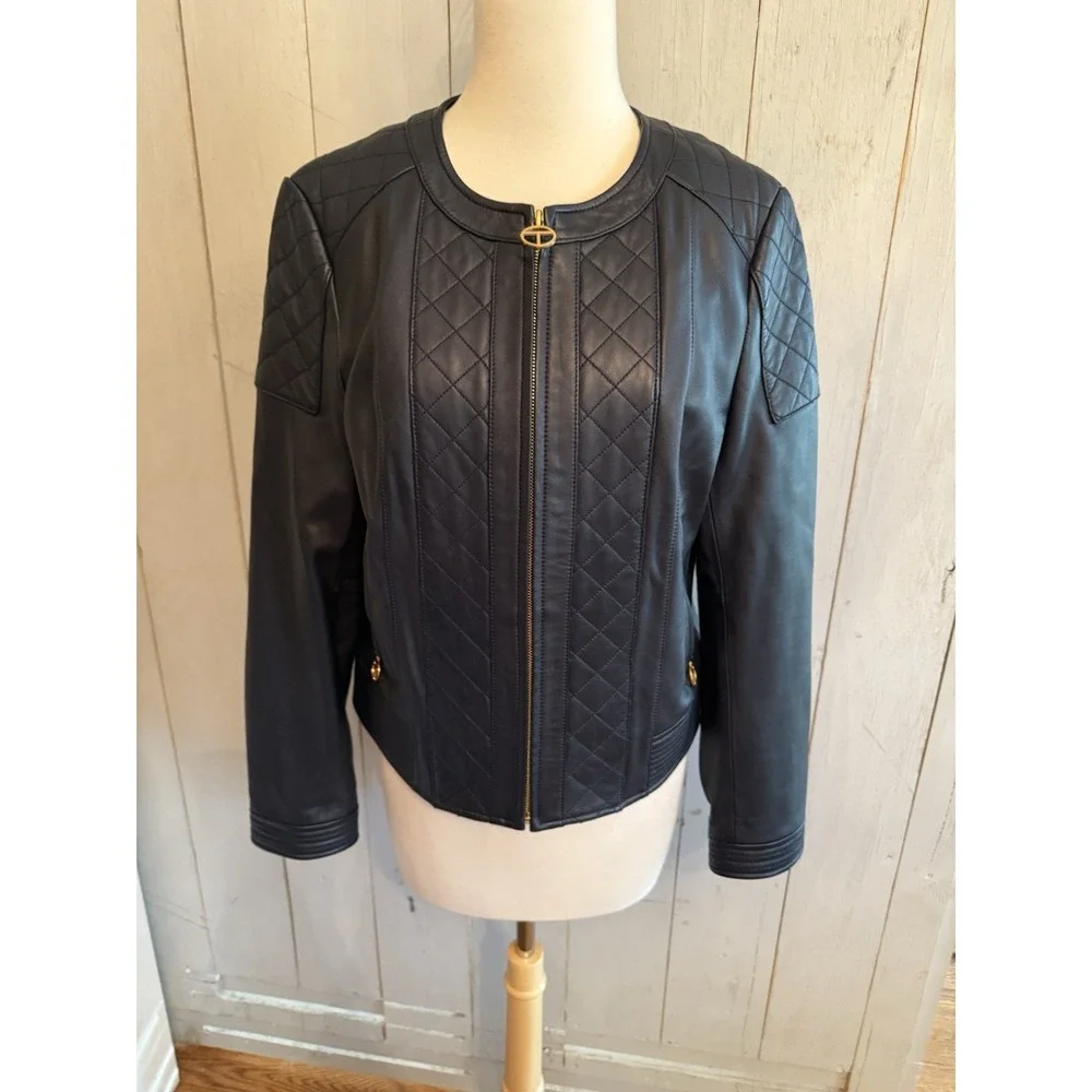Tory‎ Burch Ryder Leather Jacket Soft Moto Gold Zip Sz-Lg Dark Navy NEW Rt 998$